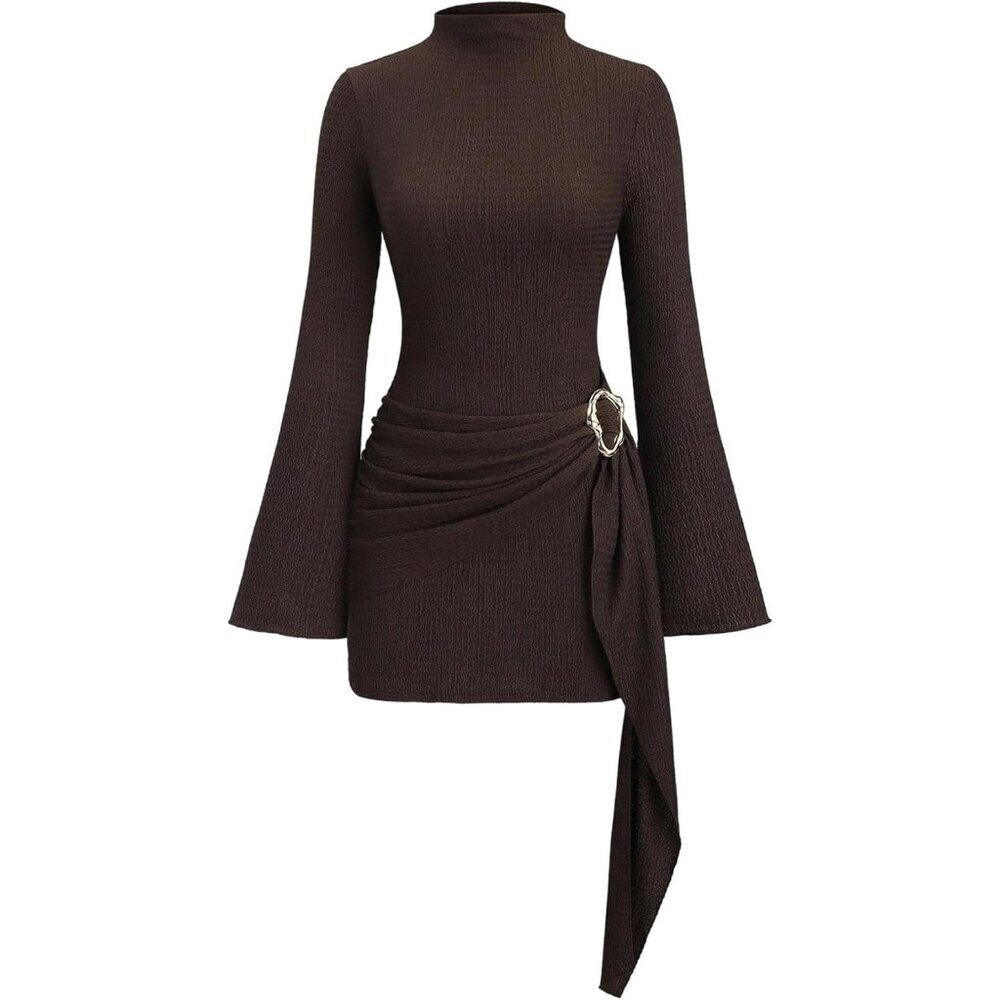 Women's Coffee Textured Mock Neck Dress Long Bell Sleeve Ruched Bodice